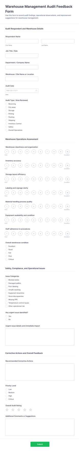 Warehouse Management Audit Feedback Form Template