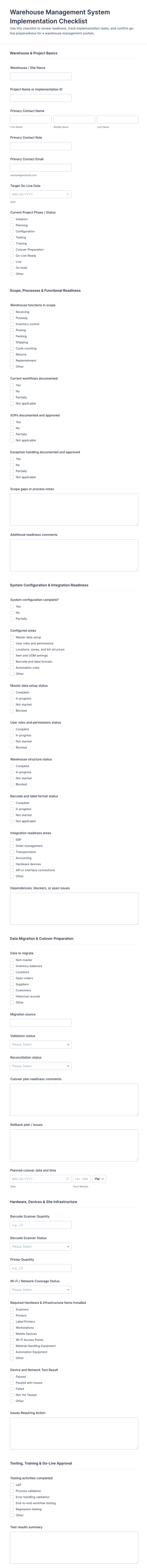 Warehouse Management System Implementation Checklist Form Template