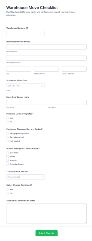 Warehouse Move Checklist Form Template