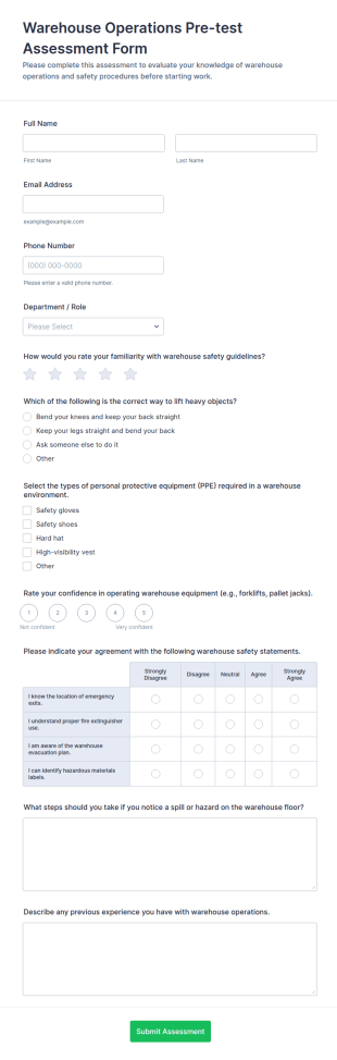 Warehouse Operations Pre Test Assessment Form Template