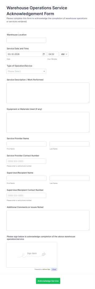 Warehouse Operations Service Acknowledgement Form Template