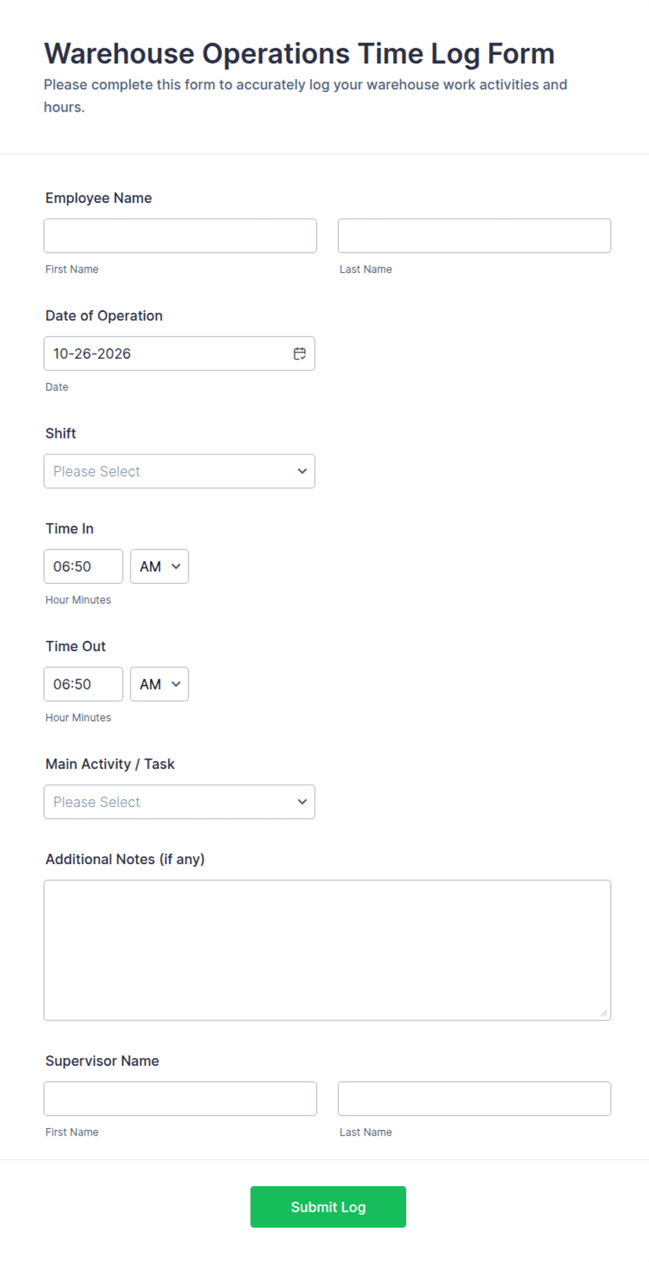Warehouse Operations Time Log Form Template | Jotform