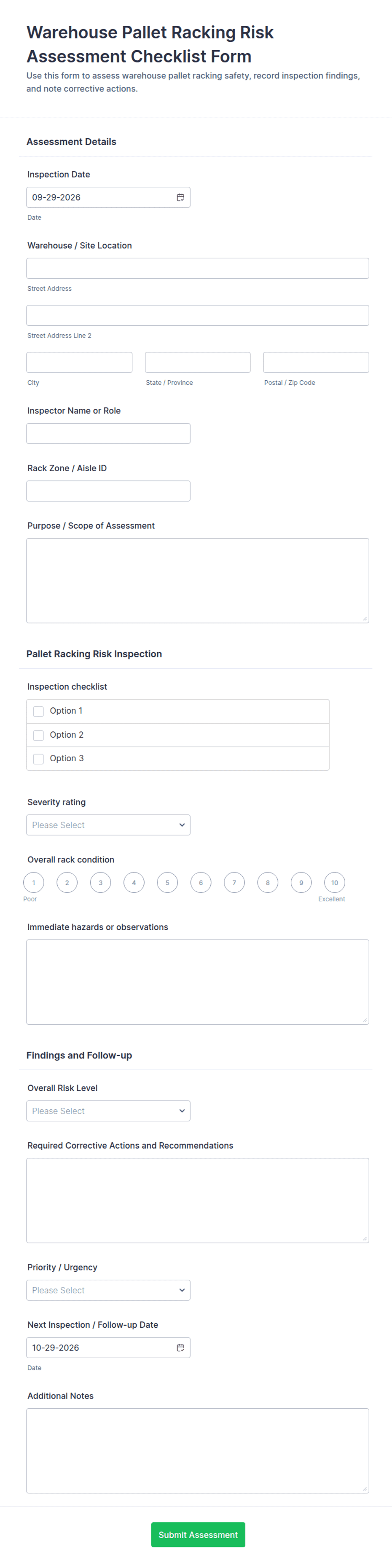 Warehouse Pallet Racking Risk Assessment Checklist Form Template | Jotform