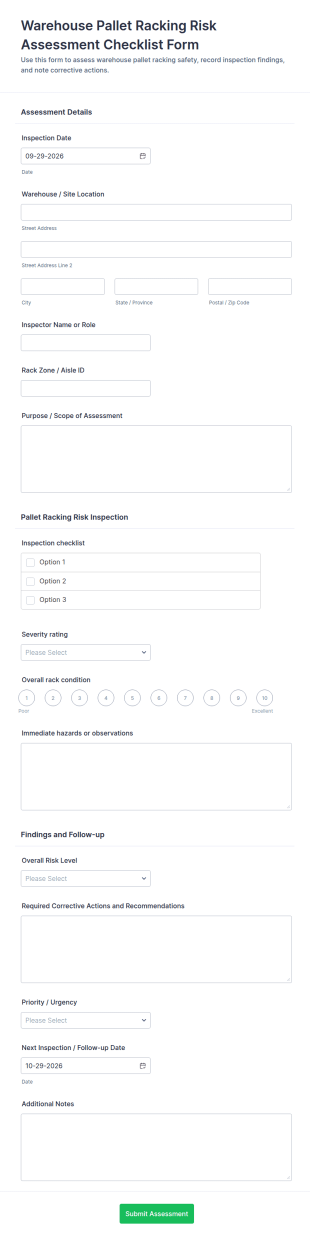Warehouse Pallet Racking Risk Assessment Checklist Form Template