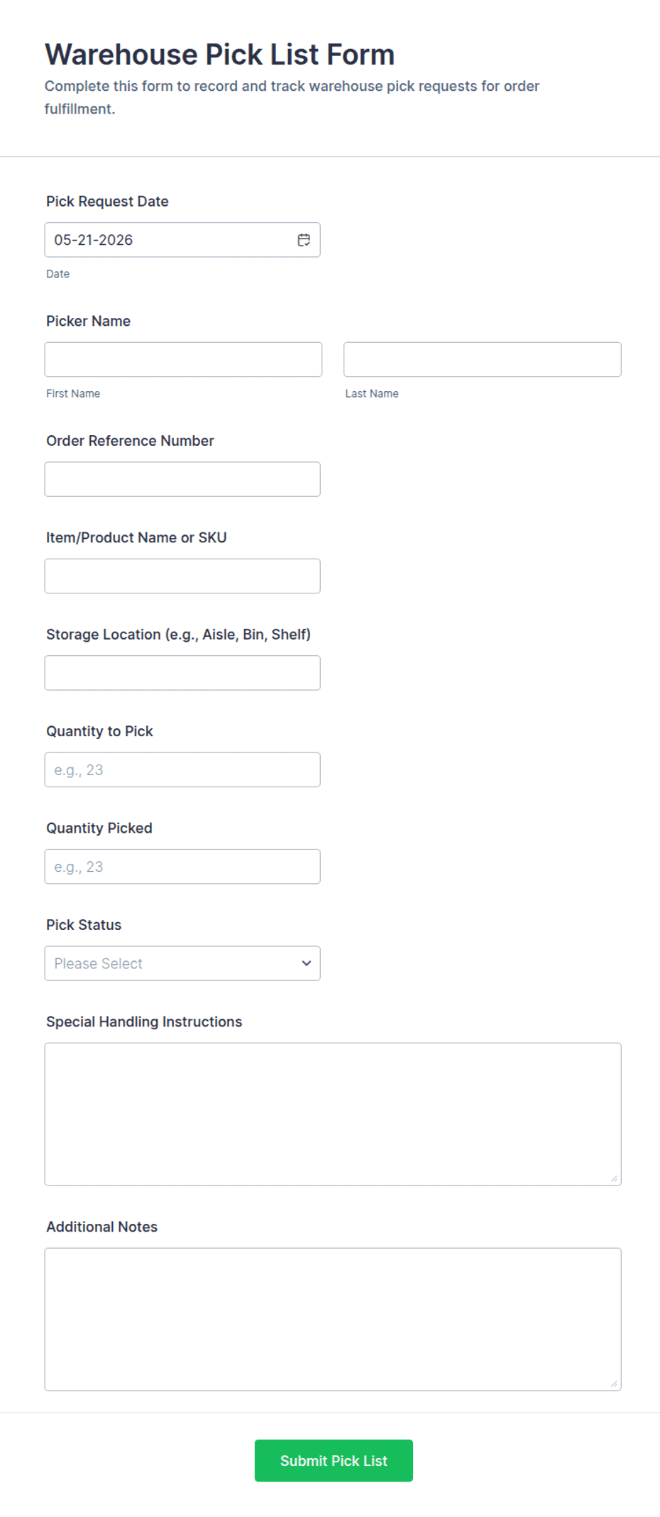 Warehouse Pick List Form Template | Jotform