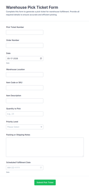 Warehouse Pick Ticket Form Template