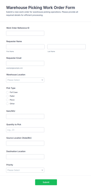 Warehouse Picking Work Order Form Template