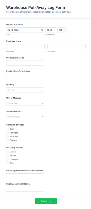 Warehouse Put Away Log Form Template