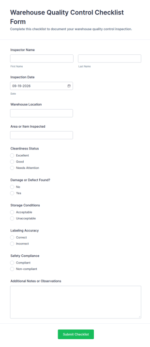 Warehouse Quality Control Checklist Form Template