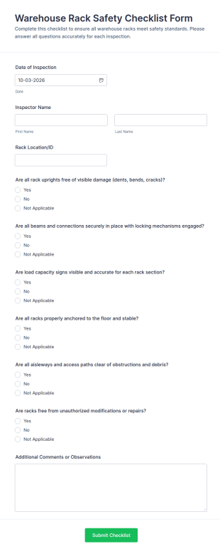 Warehouse Rack Safety Checklist Form Template