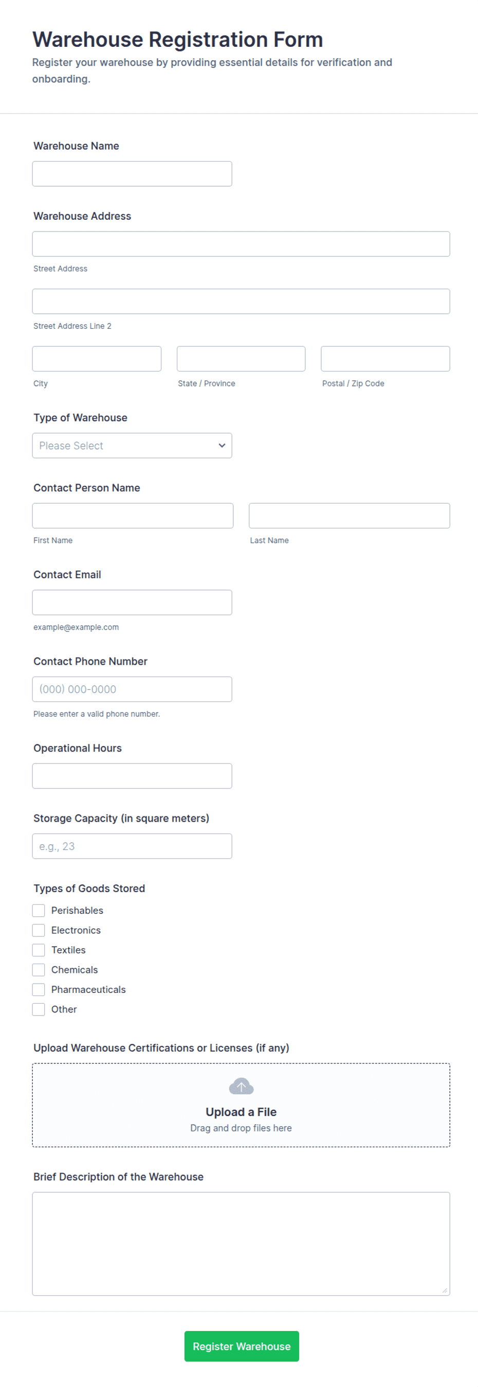 Warehouse Registration Form Template | Jotform