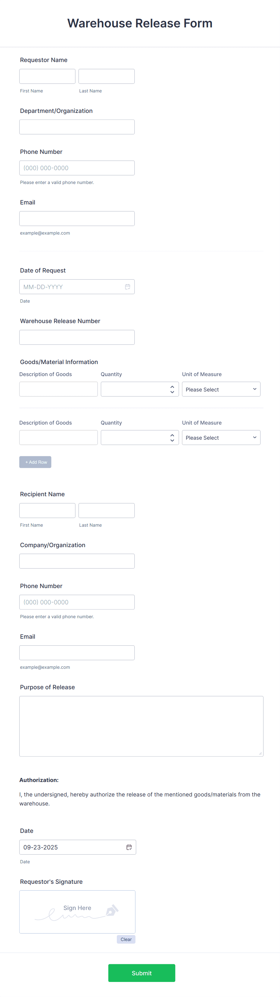 Warehouse Release Form Template | Jotform