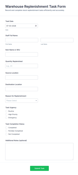Warehouse Replenishment Task Form Template