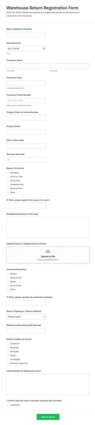 Warehouse Return Registration Form Template