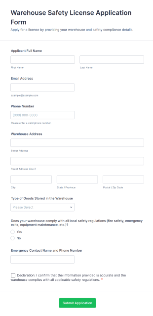 Warehouse Safety License Application Form Template