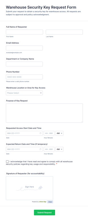 Warehouse Security Key Request Form Template