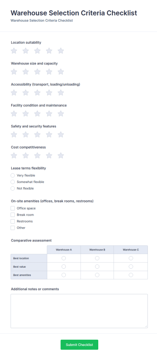Warehouse Selection Criteria Checklist Form Template