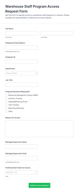 Warehouse Staff Program Access Request Form Template