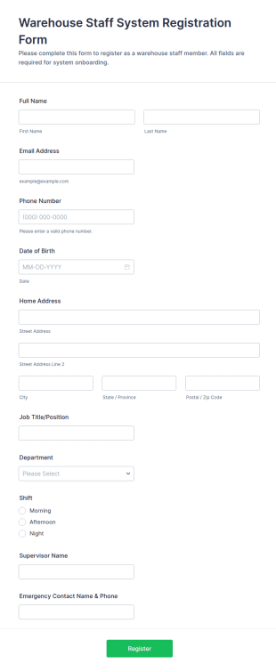Warehouse Staff System Registration Form Template