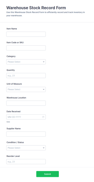 Warehouse Stock Record Form Template