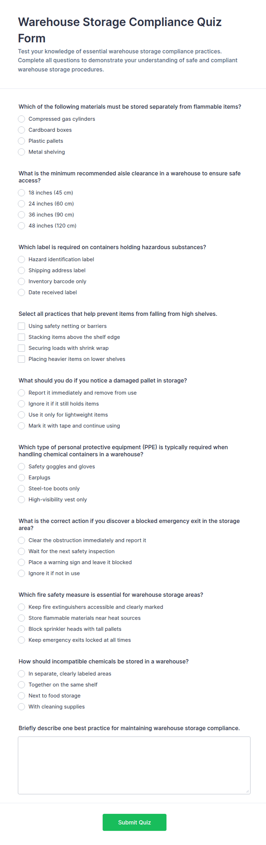Warehouse Storage Compliance Quiz Form Template | Jotform