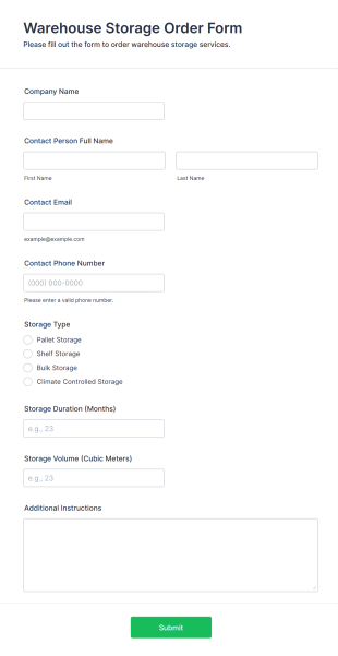 Warehouse Storage Order Form Template