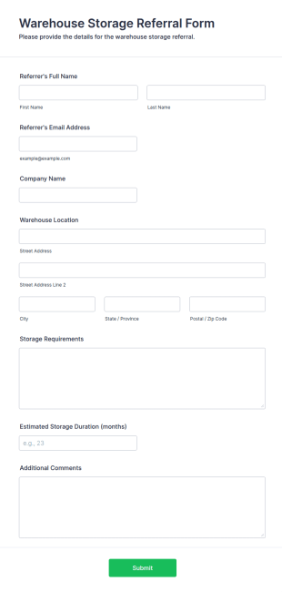 Warehouse Storage Referral Form Template