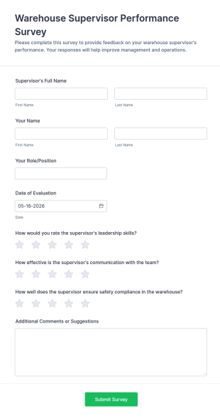 Warehouse Supervisor Performance Survey Form Template