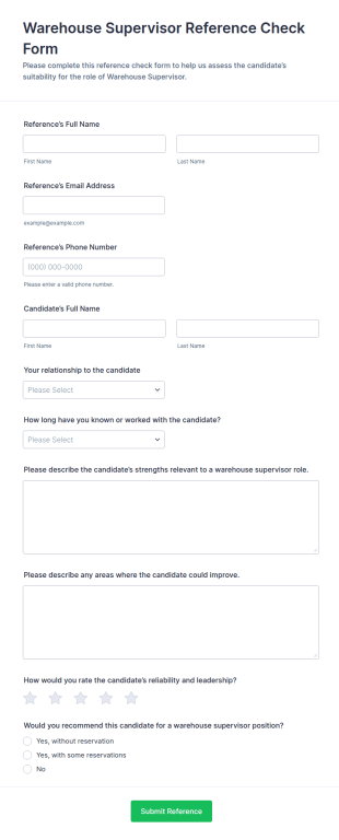 Warehouse Supervisor Reference Check Form Template