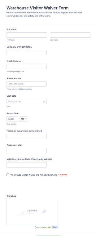 Warehouse Visitor Waiver Form Template