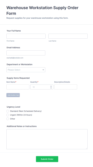 Warehouse Workstation Supply Order Form Template
