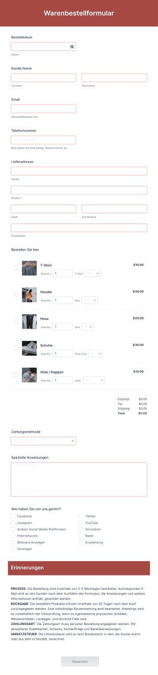 Warenbestellformular Form Template