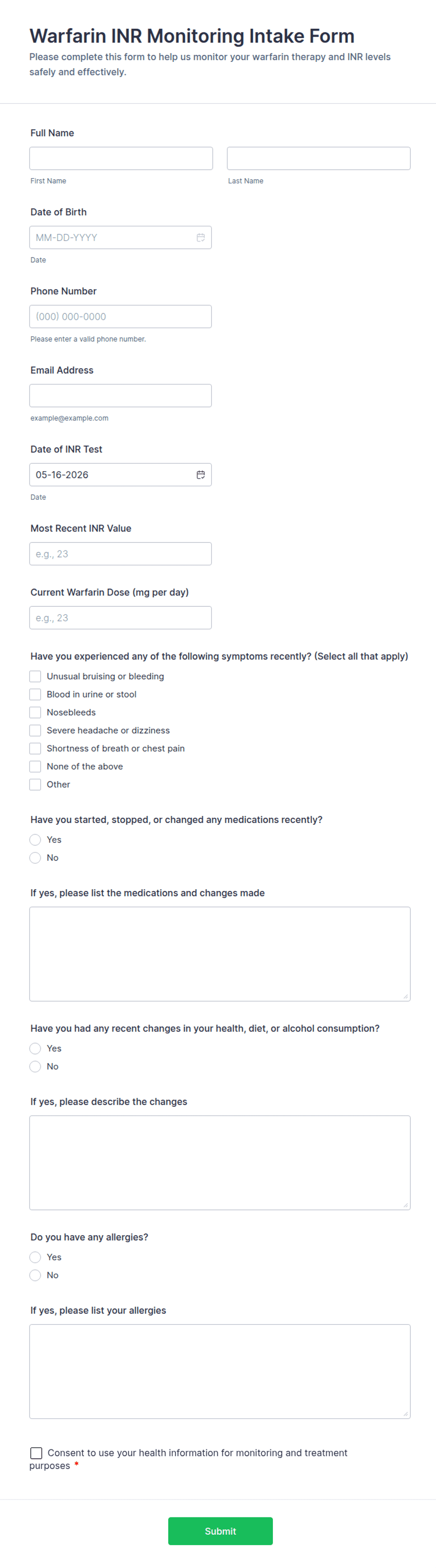 Warfarin INR Monitoring Intake Form Template | Jotform
