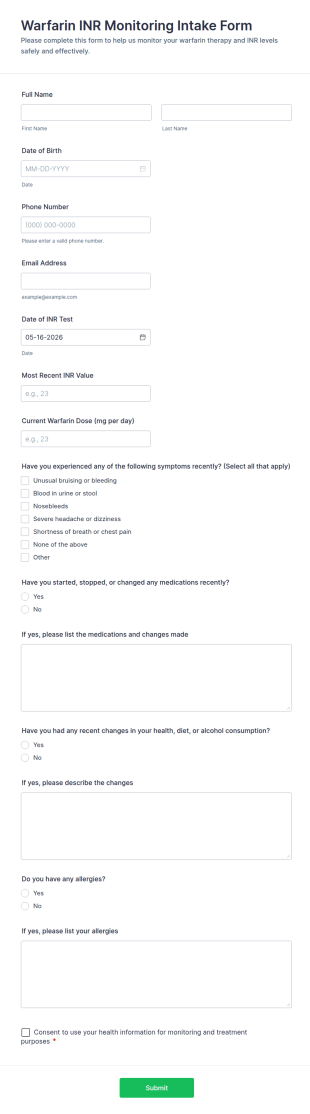 Warfarin INR Monitoring Intake Form Template