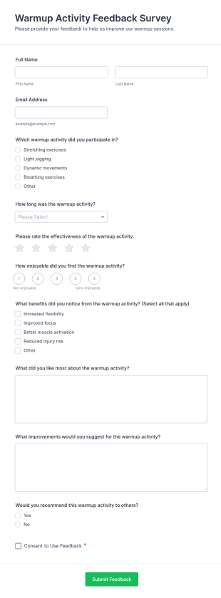 Warmup Activity Feedback Survey Form Template