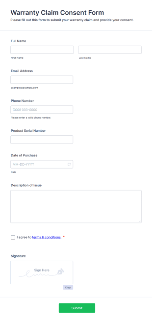 Warranty Claim Consent Form Template