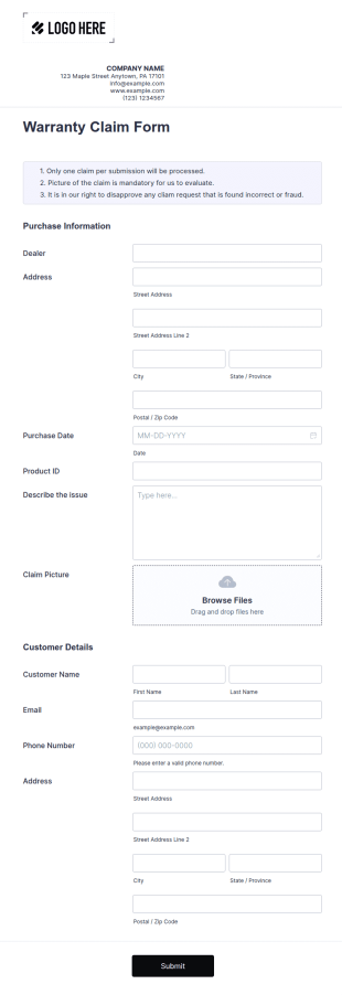 Warranty Claim Form Template