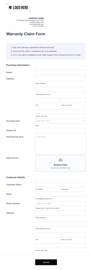 Warranty Claim Form Template
