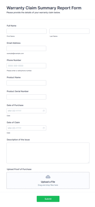 Warranty Claim Summary Report Form Template