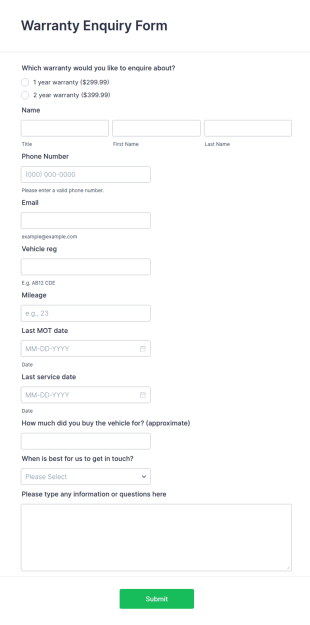 Warranty Enquiry Form Template