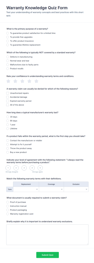 Warranty Knowledge Quiz Form Template