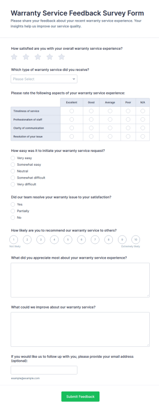 Warranty Service Feedback Survey Form Template