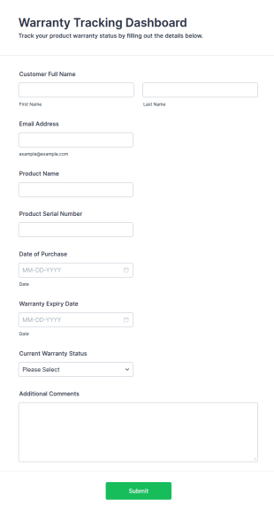 Warranty Tracking Dashboard Form Template