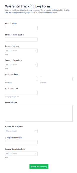 Warranty Tracking Log Form Template