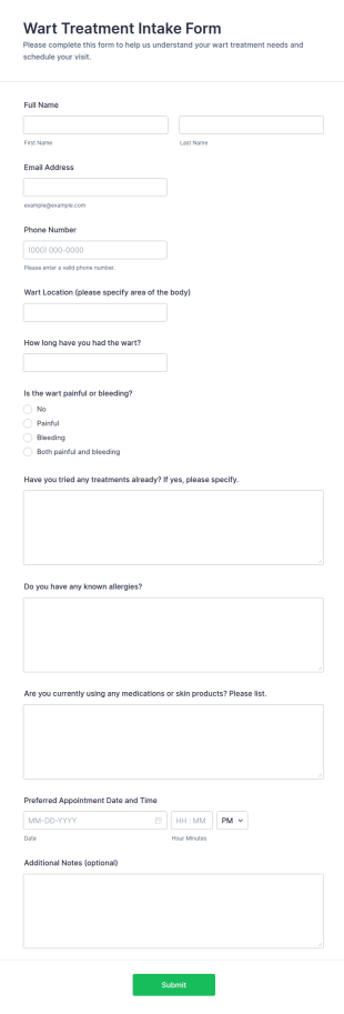 Wart Treatment Intake Form Template