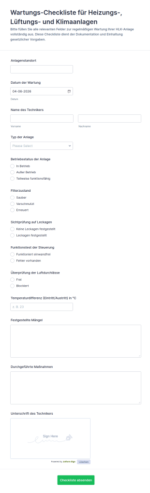 Wartungs Checkliste Für Heizungsanlagen Formular