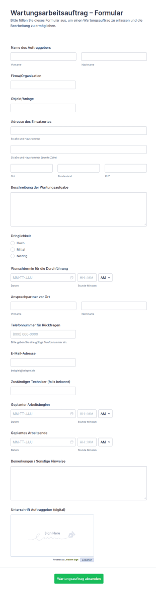 Wartungsauftrag Formular 🛠️
