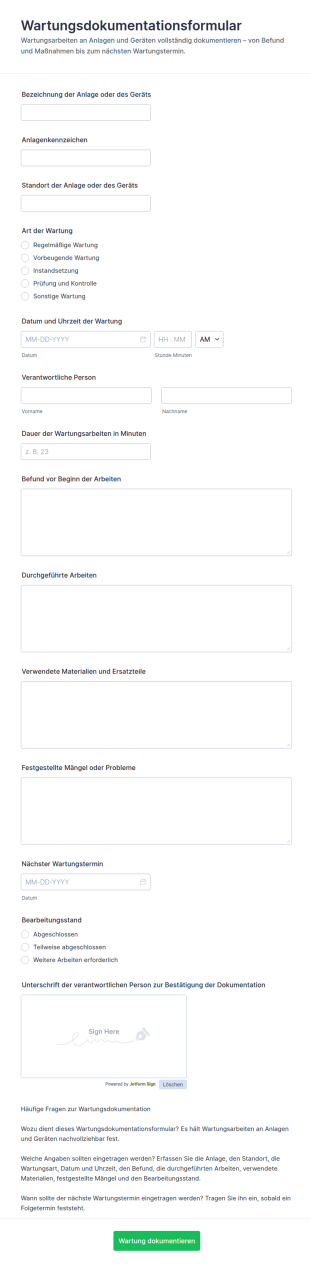 Wartungsdokumentations Formular