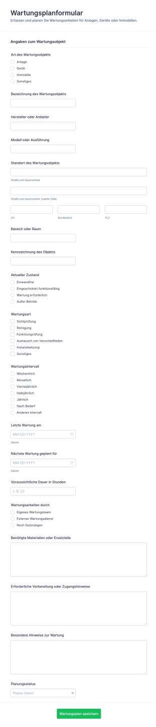 Wartungsplan Formular