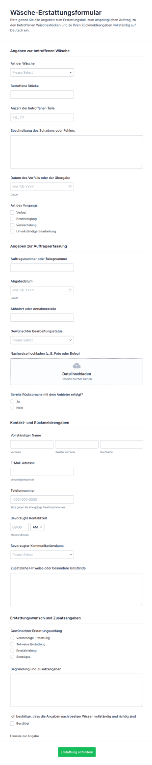 Waschgeld Rückerstattungsformular